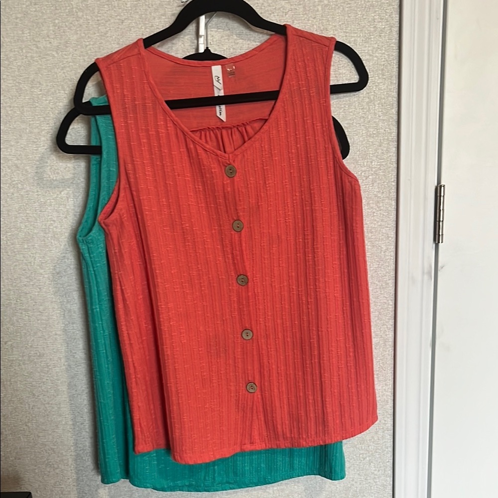 Two Sleeveless Coral and Teal Button-Down Tops